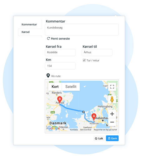 Eazyproject app-funktion, der gør det muligt at spore rejsetid med Google maps.